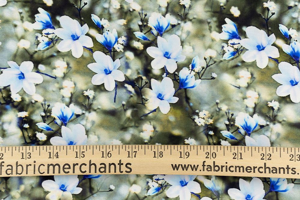 "Sosa" Japanese Digital Rayon, Falling Flowers Olive/Blue
