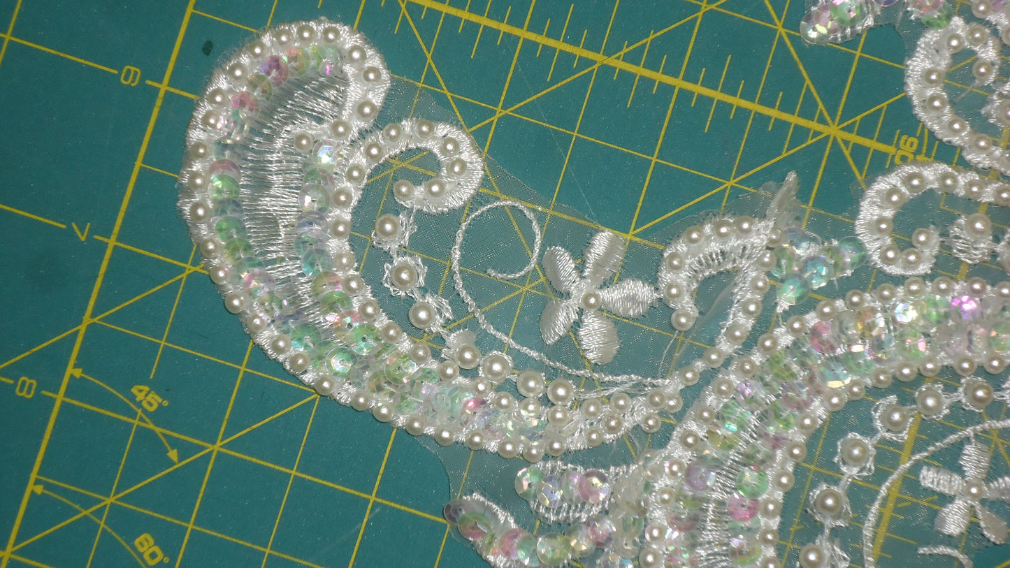 Applique Swirly pair, White, Pearls & AB Sequins