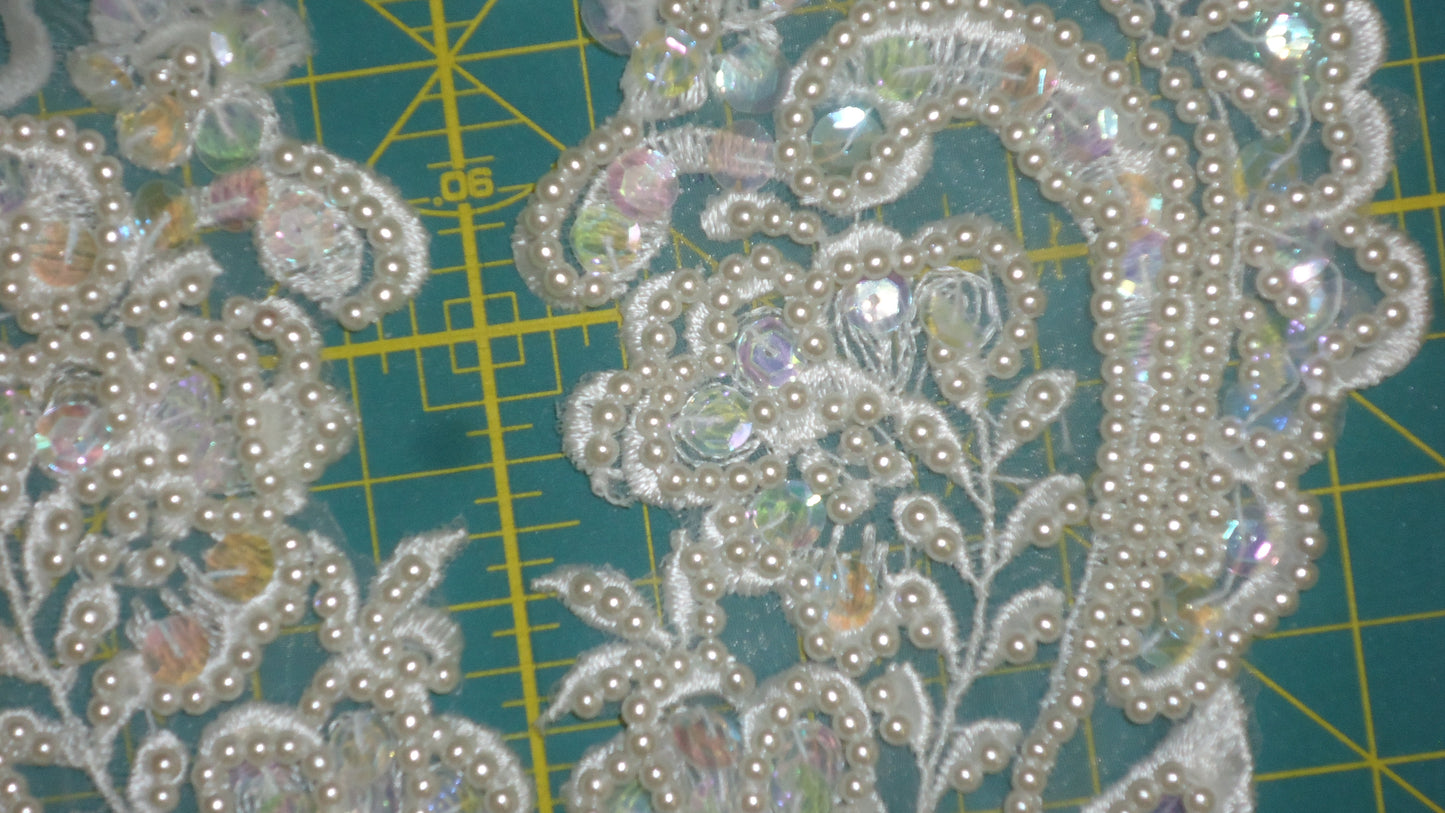 Applique pair, White, Pearls & Sequins