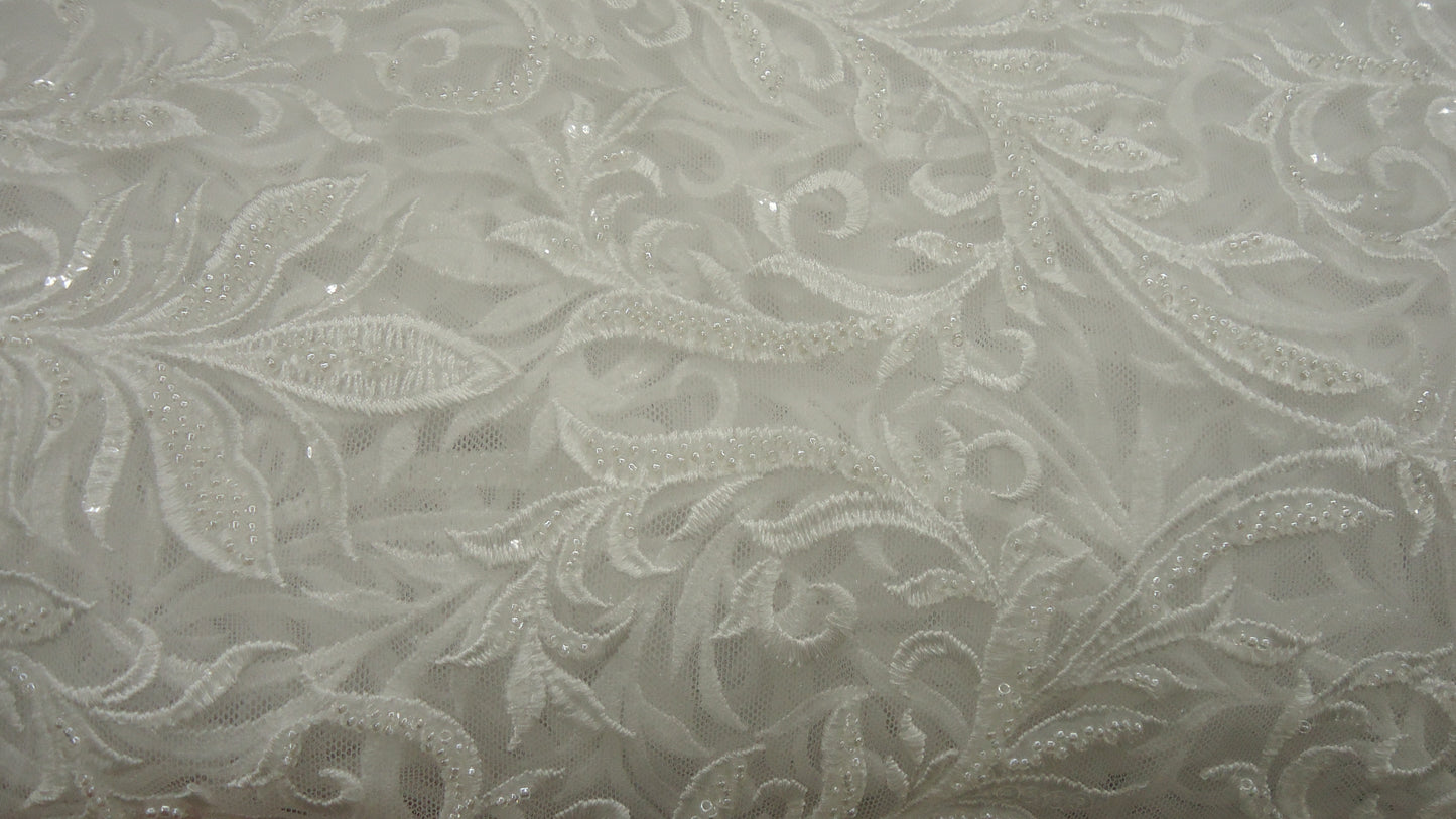 Pure White Embroidered Tulle Beaded Swirls