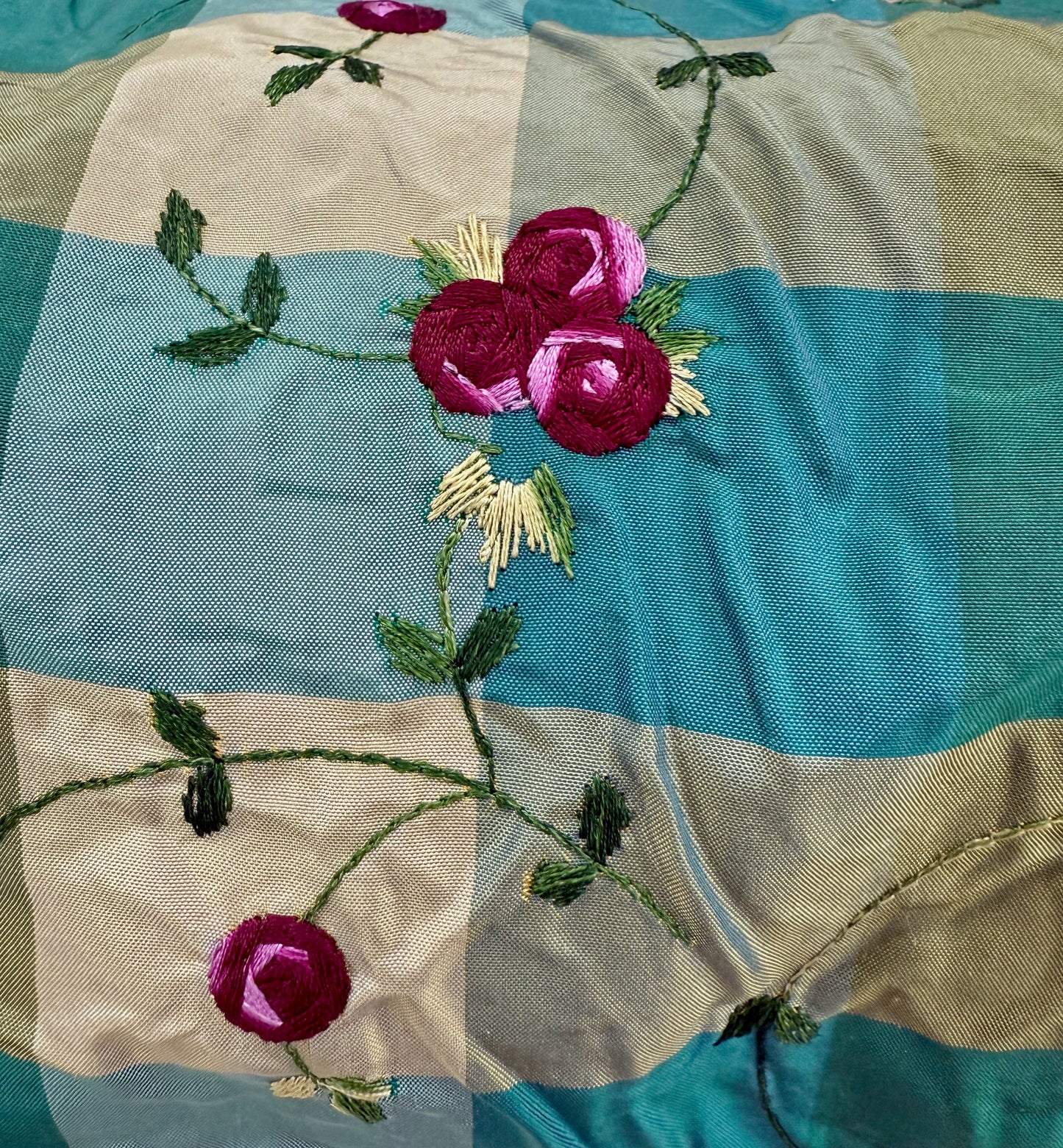 Teal Plaid Silk Taffeta with Embroidered Roses