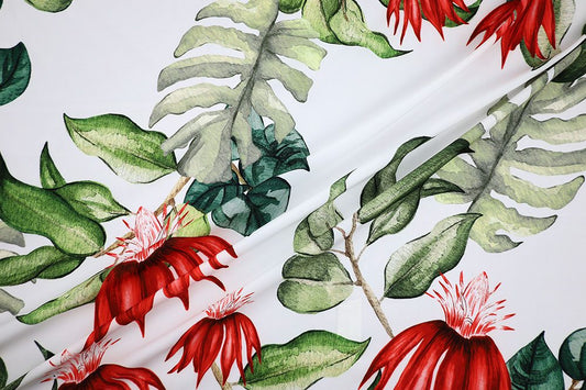 Polyester Challis, Tropical Flower White/Red
