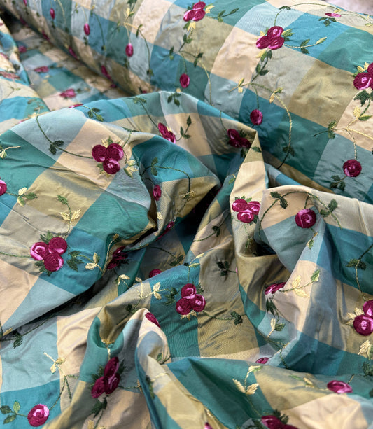 Teal Plaid Silk Taffeta with Embroidered Roses