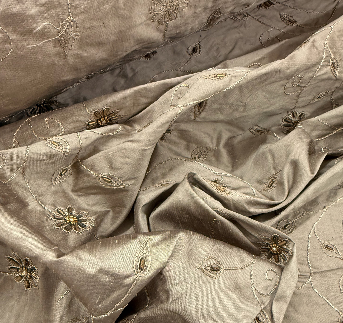 Taupe Silk with Beaded Flowers and Vines