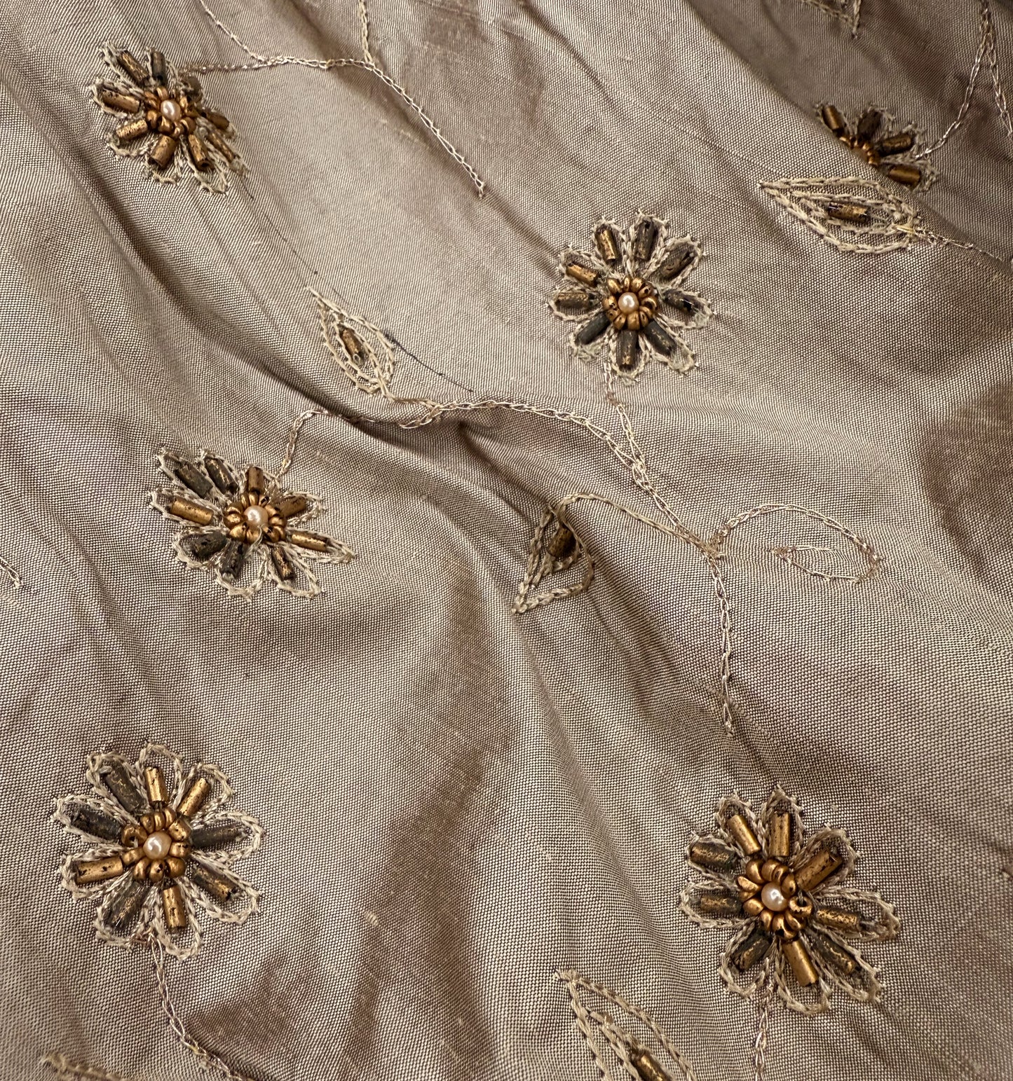 Taupe Silk with Beaded Flowers and Vines