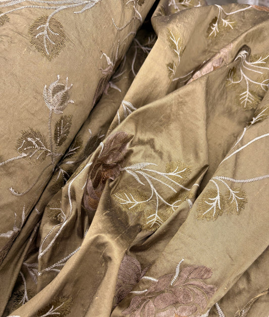 Gold-Brown Silk Dupioni with Floral Embroidery