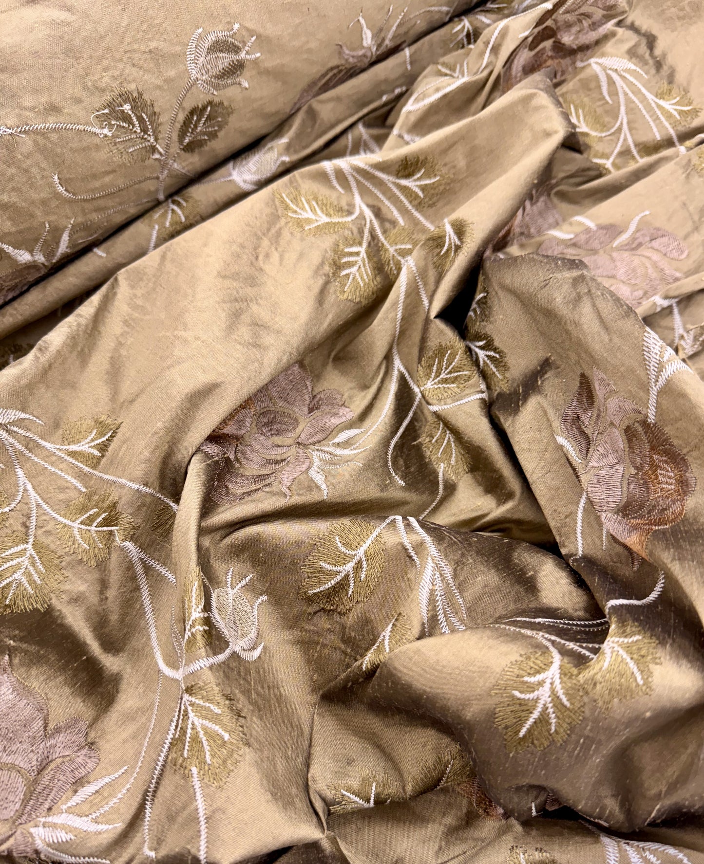 Gold-Brown Silk Dupioni with Floral Embroidery
