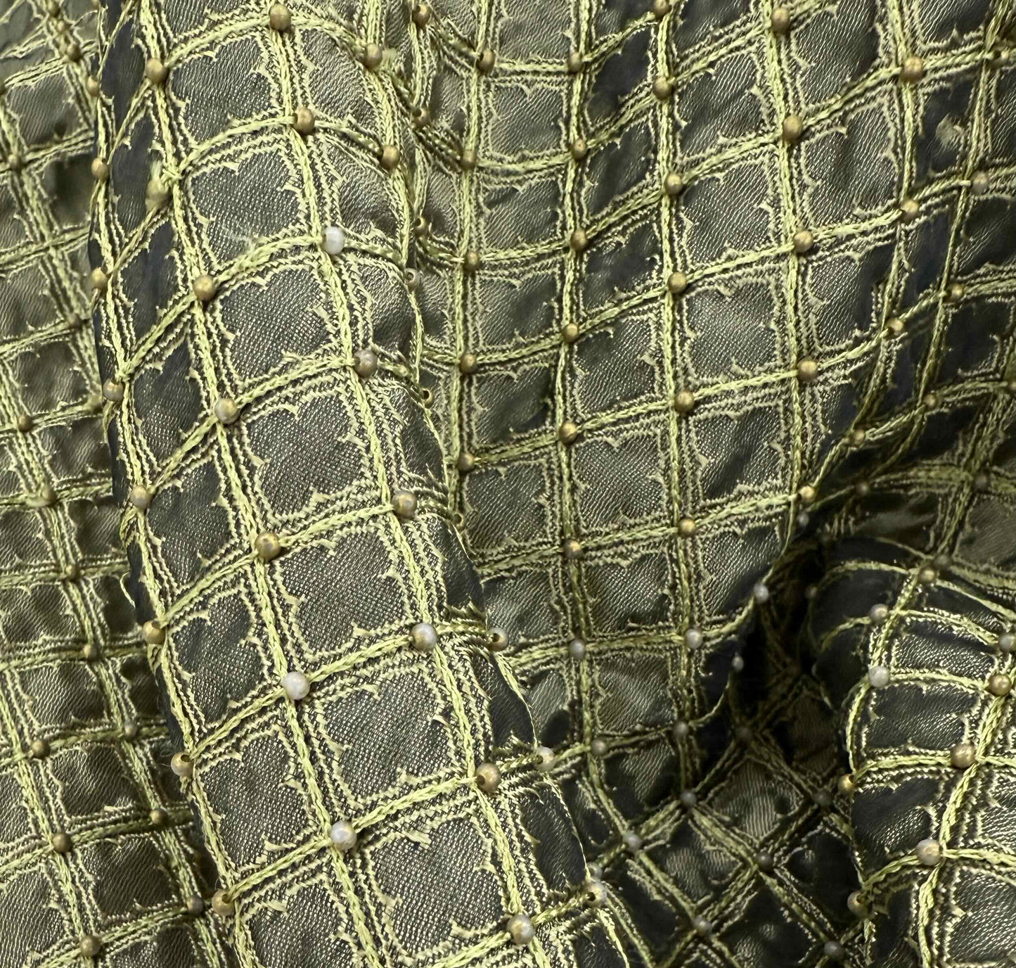 Olive Silk with Square Pattern and Beading